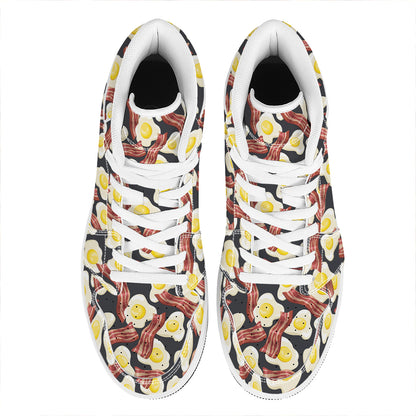 Black Fried Egg And Bacon Pattern Print High Top Leather Sneakers