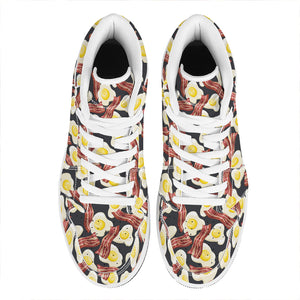 Black Fried Egg And Bacon Pattern Print High Top Leather Sneakers