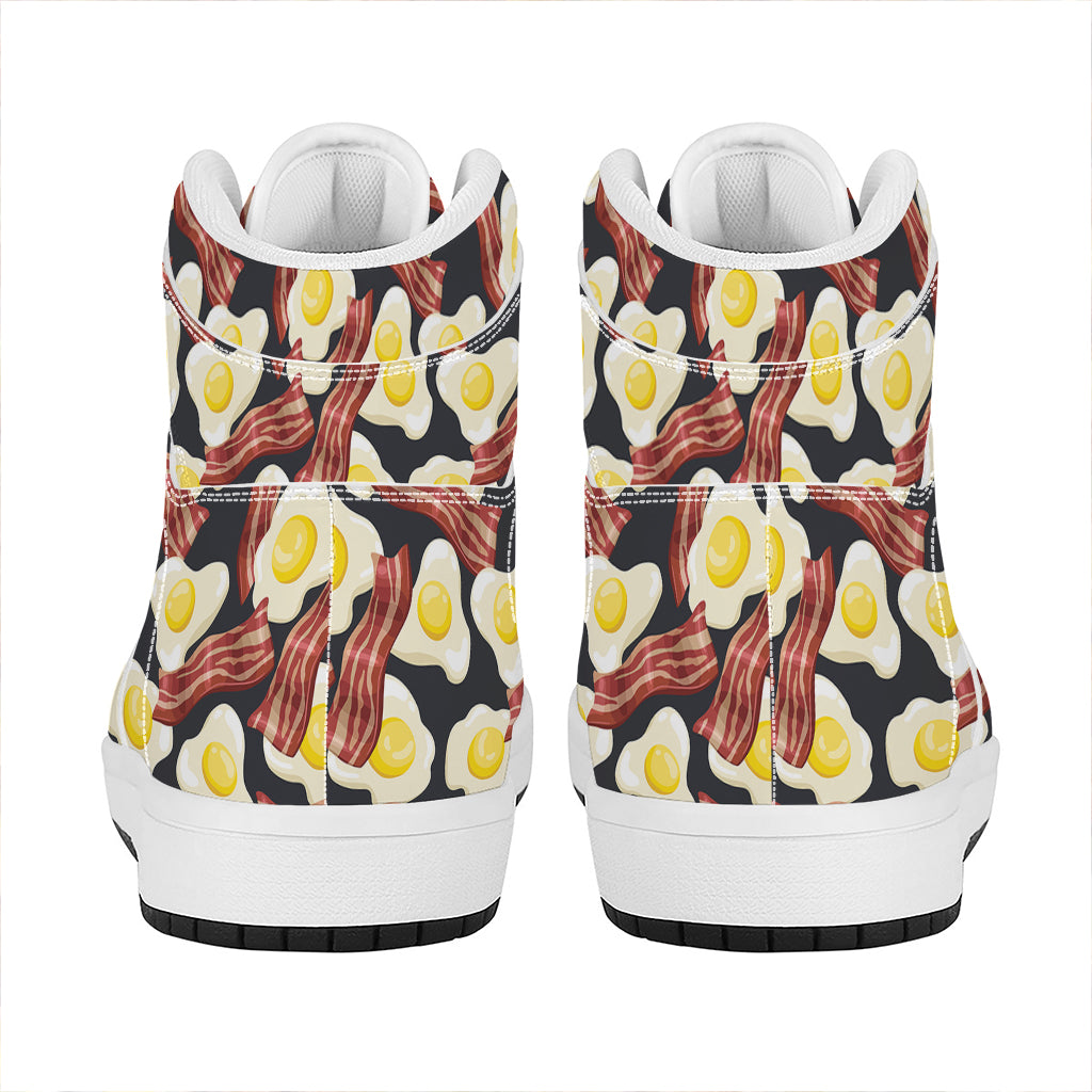 Black Fried Egg And Bacon Pattern Print High Top Leather Sneakers