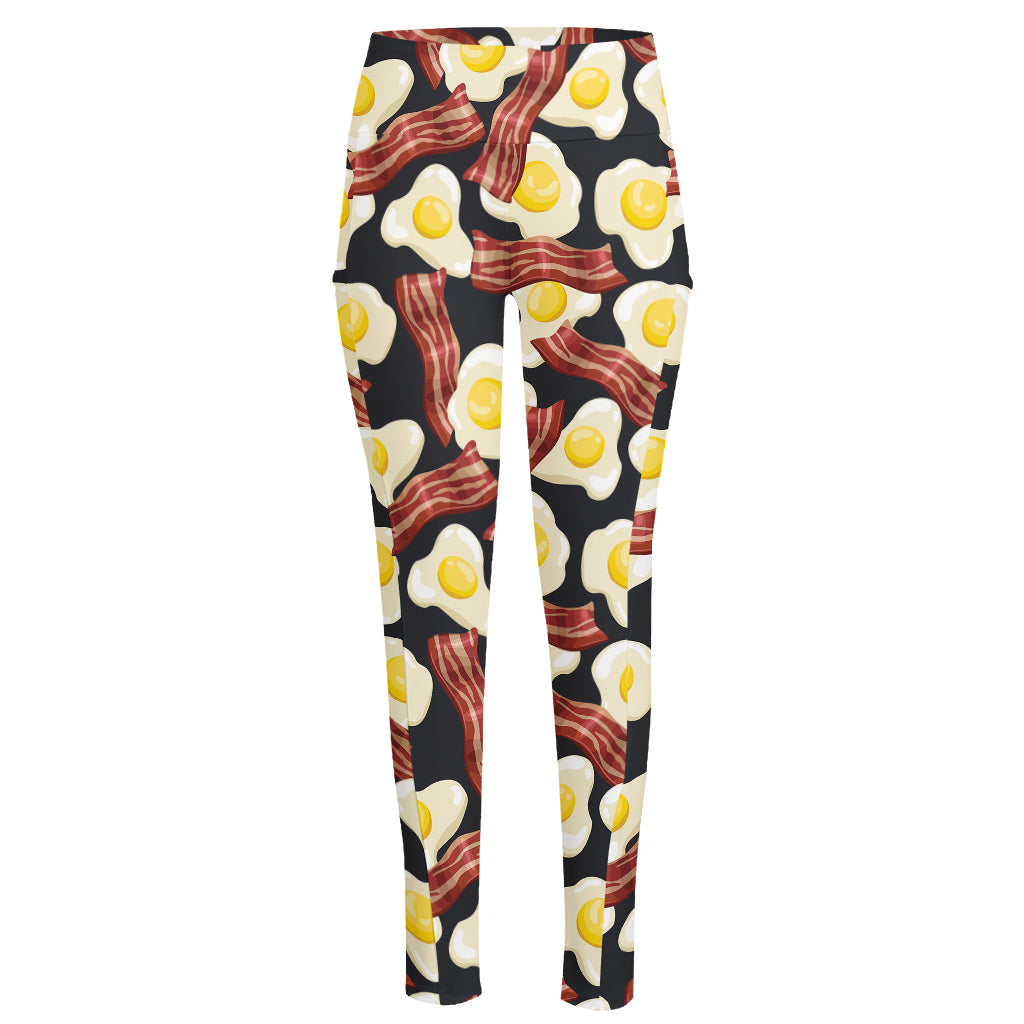 Black Fried Egg And Bacon Pattern Print High-Waisted Pocket Leggings