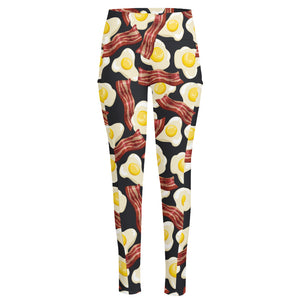 Black Fried Egg And Bacon Pattern Print High-Waisted Pocket Leggings