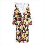 Black Fried Egg And Bacon Pattern Print Hooded Bathrobe