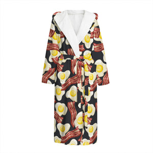 Black Fried Egg And Bacon Pattern Print Hooded Bathrobe