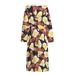 Black Fried Egg And Bacon Pattern Print Hooded Bathrobe