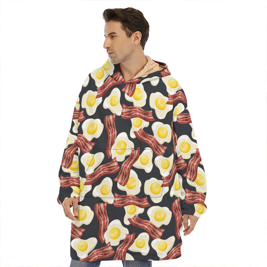 Black Fried Egg And Bacon Pattern Print Hoodie Blanket