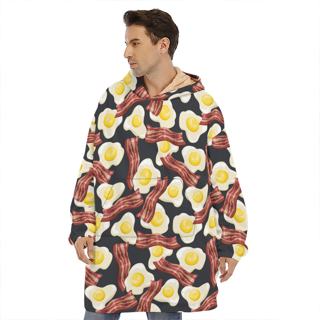 Black Fried Egg And Bacon Pattern Print Hoodie Blanket