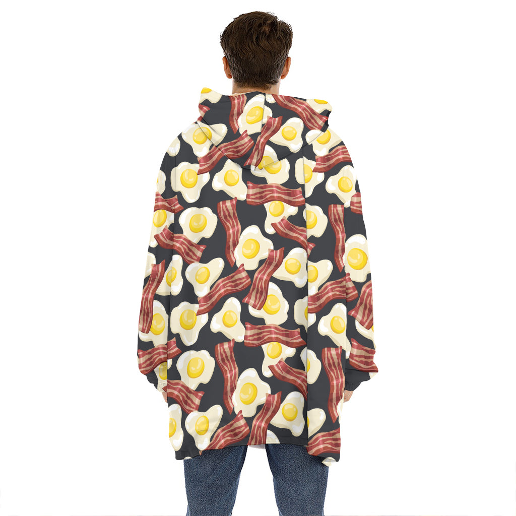 Black Fried Egg And Bacon Pattern Print Hoodie Blanket