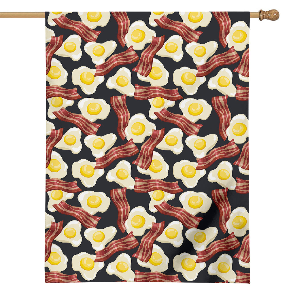 Black Fried Egg And Bacon Pattern Print House Flag