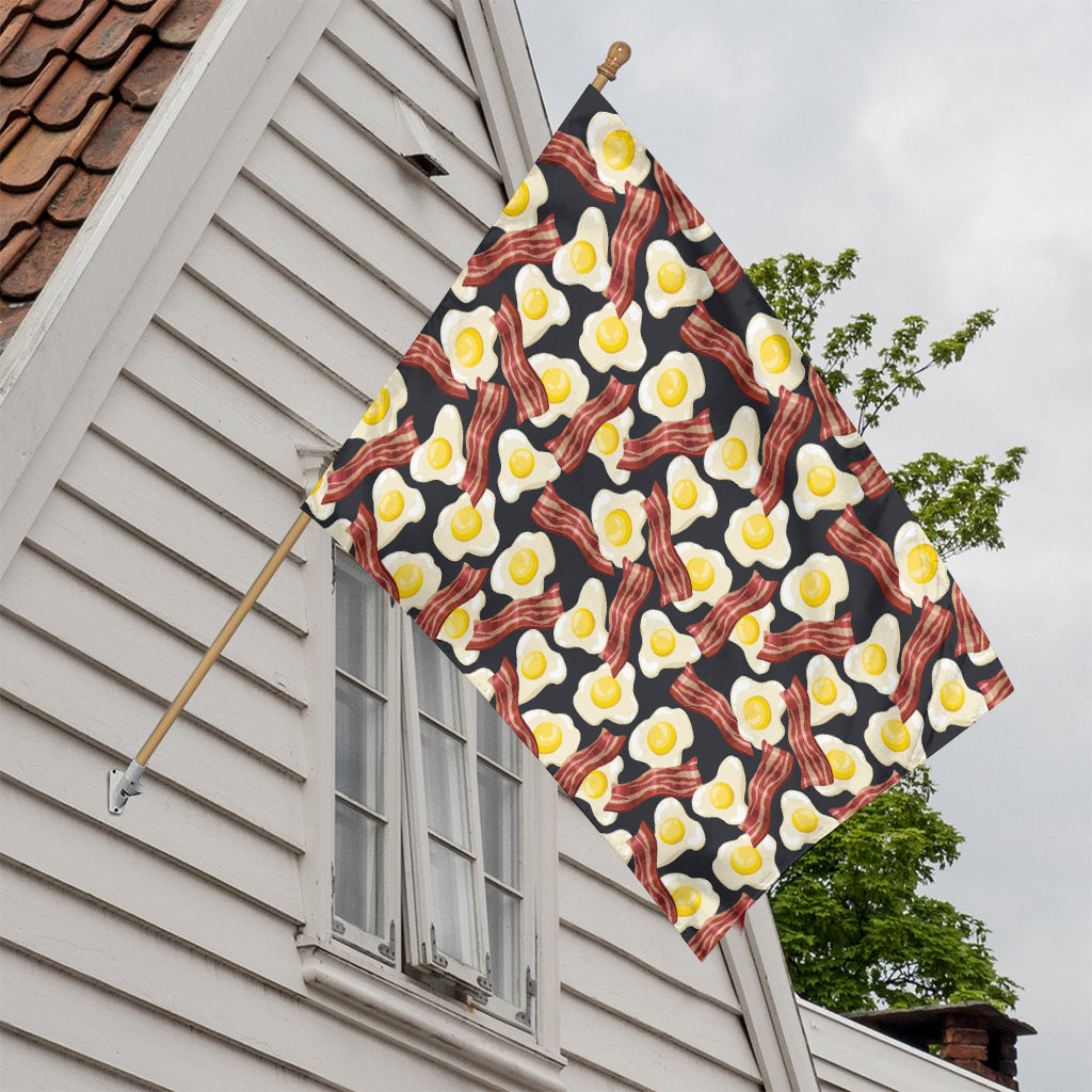 Black Fried Egg And Bacon Pattern Print House Flag