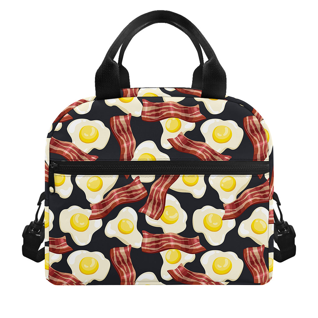 Black Fried Egg And Bacon Pattern Print Insulated Lunch Bag