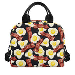 Black Fried Egg And Bacon Pattern Print Insulated Lunch Bag