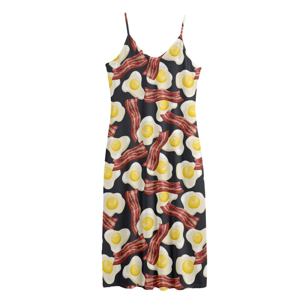 Black Fried Egg And Bacon Pattern Print Jersey Midi Cami Dress