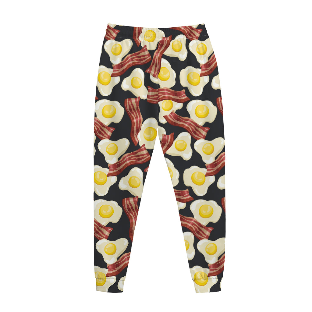 Black Fried Egg And Bacon Pattern Print Jogger Pants