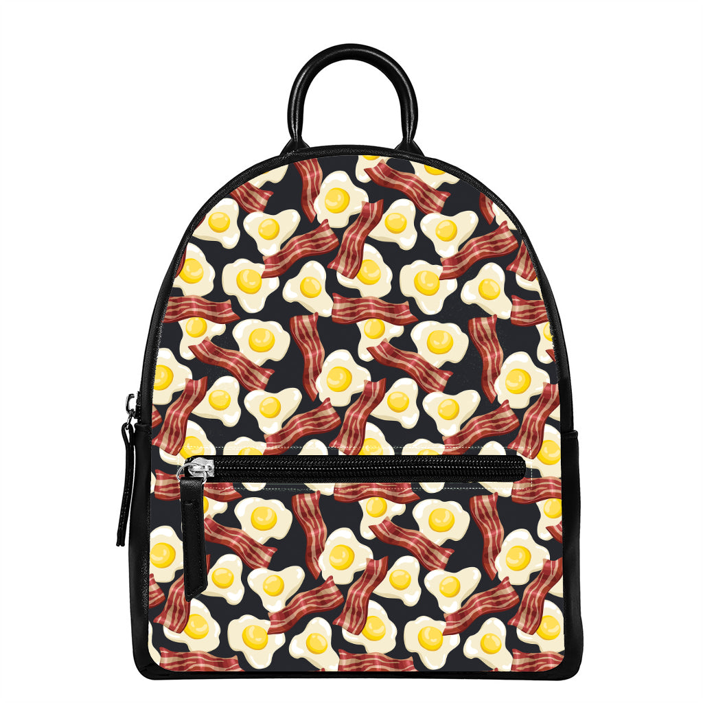 Black Fried Egg And Bacon Pattern Print Leather Backpack