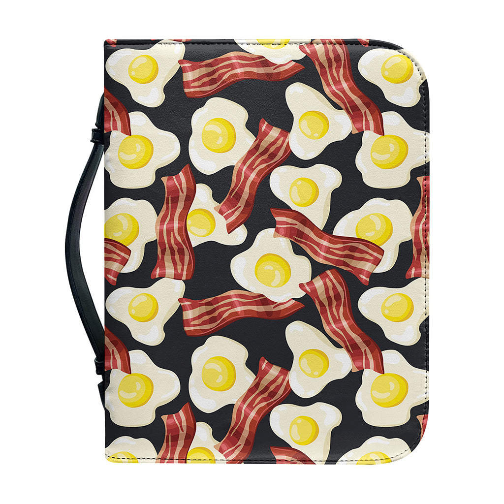 Black Fried Egg And Bacon Pattern Print Leather Bible Cover