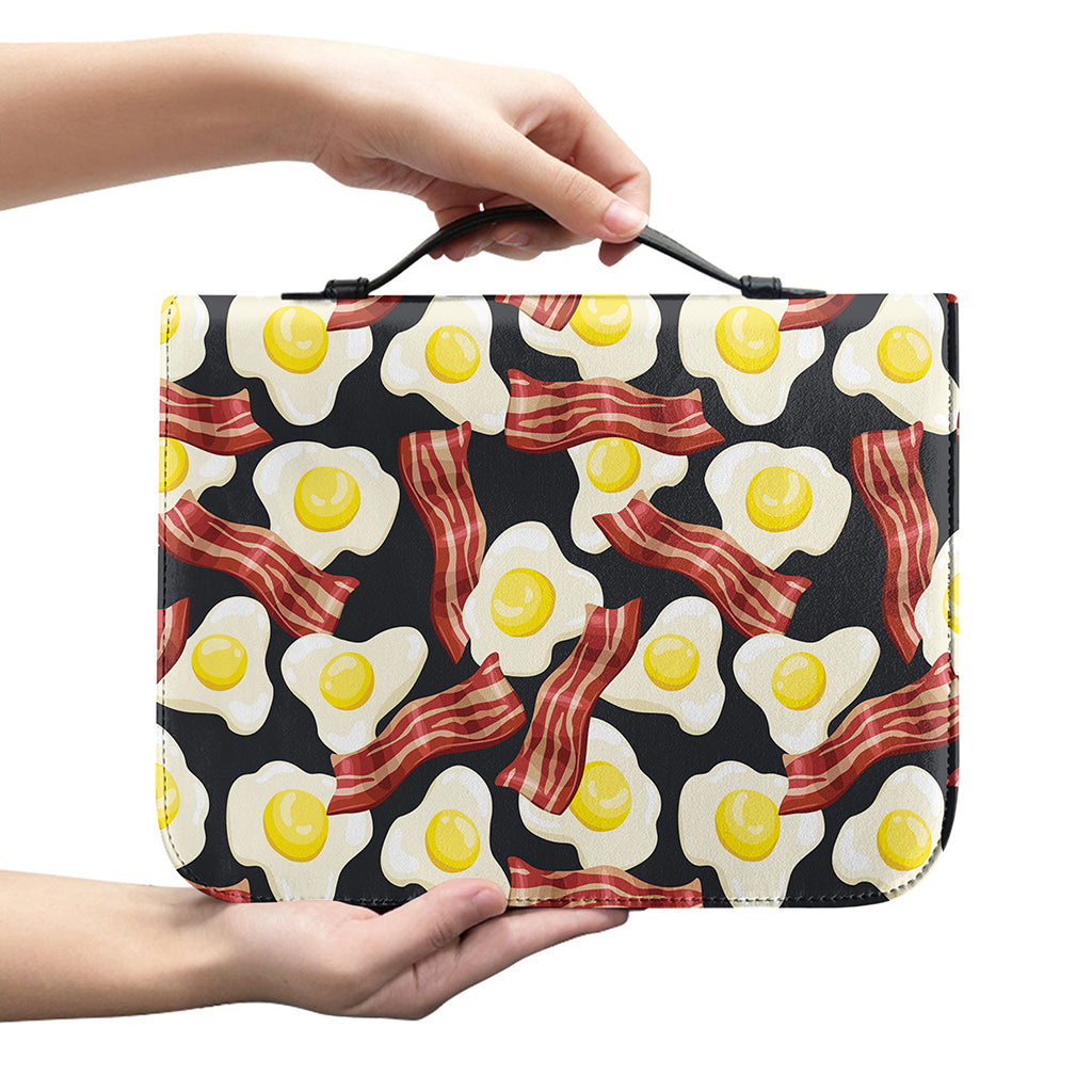 Black Fried Egg And Bacon Pattern Print Leather Bible Cover