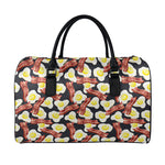 Black Fried Egg And Bacon Pattern Print Leather Duffle Bag