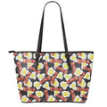 Black Fried Egg And Bacon Pattern Print Leather Tote Bag With Zipper