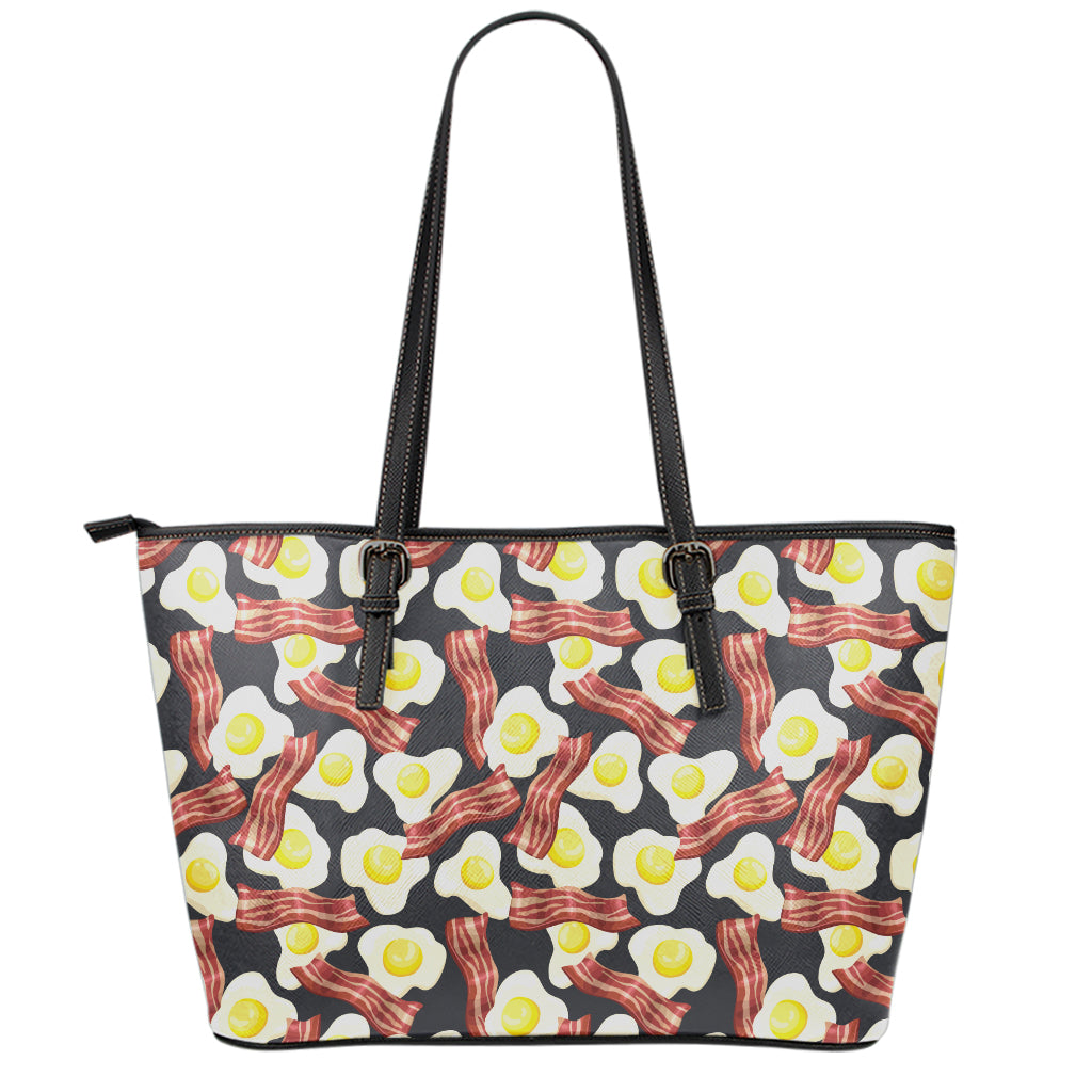 Black Fried Egg And Bacon Pattern Print Leather Tote Bag