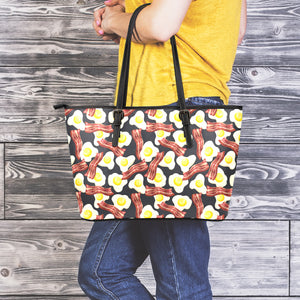 Black Fried Egg And Bacon Pattern Print Leather Tote Bag