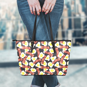 Black Fried Egg And Bacon Pattern Print Leather Tote Bag