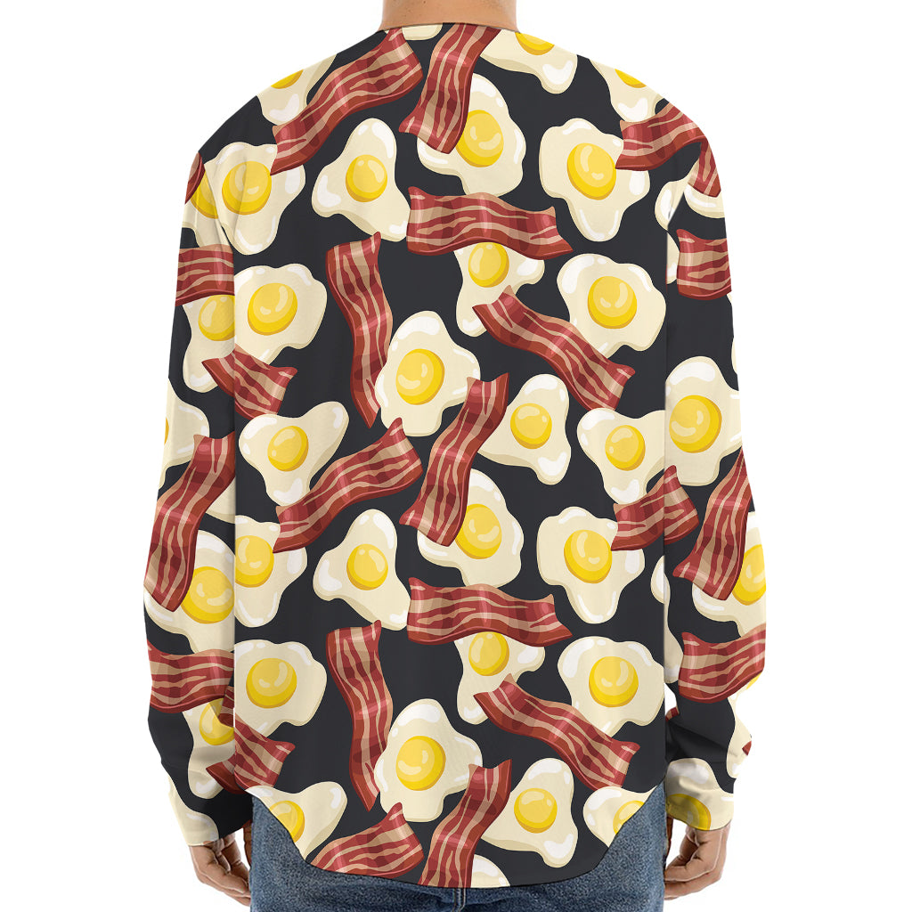 Black Fried Egg And Bacon Pattern Print Long Sleeve Baseball Jersey