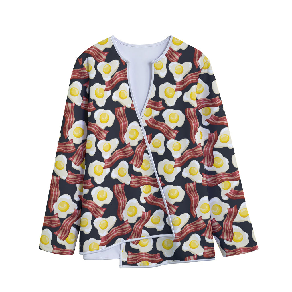 Black Fried Egg And Bacon Pattern Print Long Sleeve Short Coat