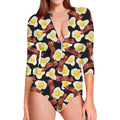 Black Fried Egg And Bacon Pattern Print Long Sleeve Swimsuit