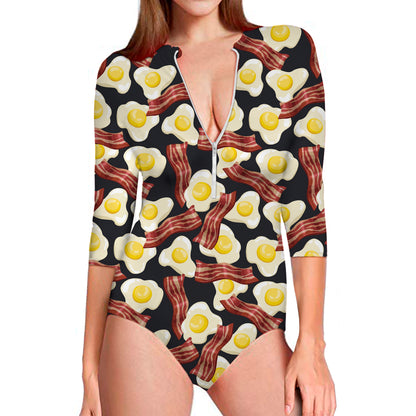 Black Fried Egg And Bacon Pattern Print Long Sleeve Swimsuit