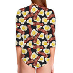 Black Fried Egg And Bacon Pattern Print Long Sleeve Swimsuit