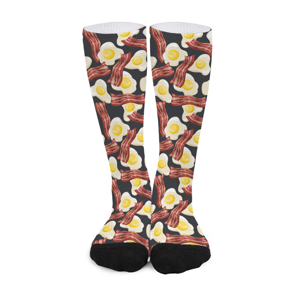 Black Fried Egg And Bacon Pattern Print Long Socks