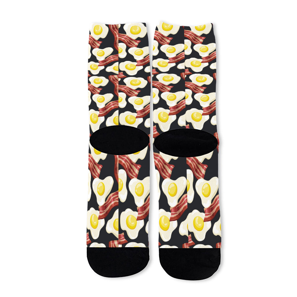 Black Fried Egg And Bacon Pattern Print Long Socks