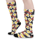 Black Fried Egg And Bacon Pattern Print Long Socks