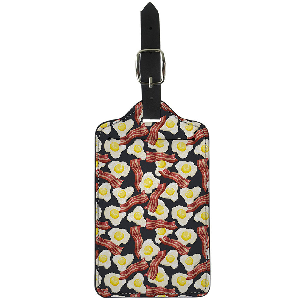 Black Fried Egg And Bacon Pattern Print Luggage Tag