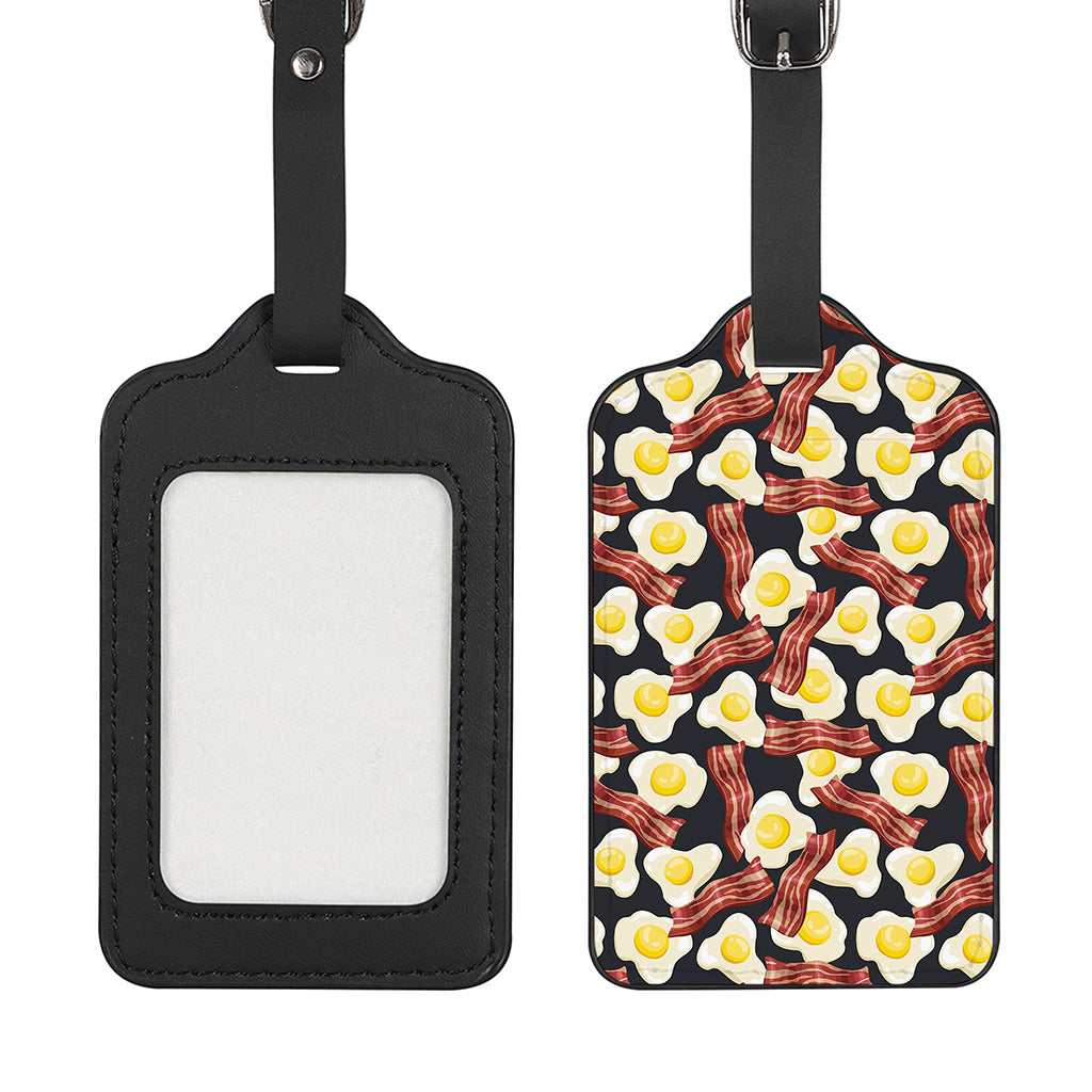 Black Fried Egg And Bacon Pattern Print Luggage Tag