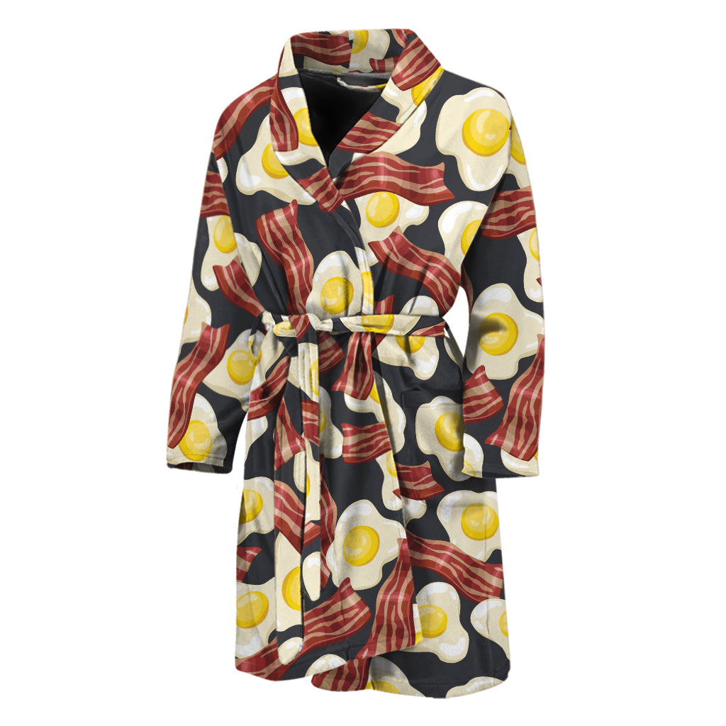 Black Fried Egg And Bacon Pattern Print Men's Bathrobe