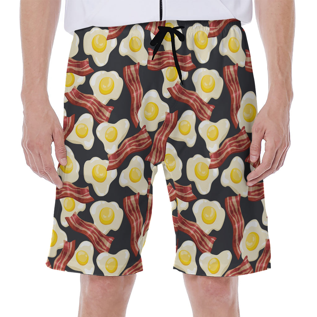 Black Fried Egg And Bacon Pattern Print Men's Beach Shorts