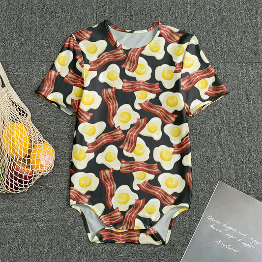Black Fried Egg And Bacon Pattern Print Men's Bodysuit