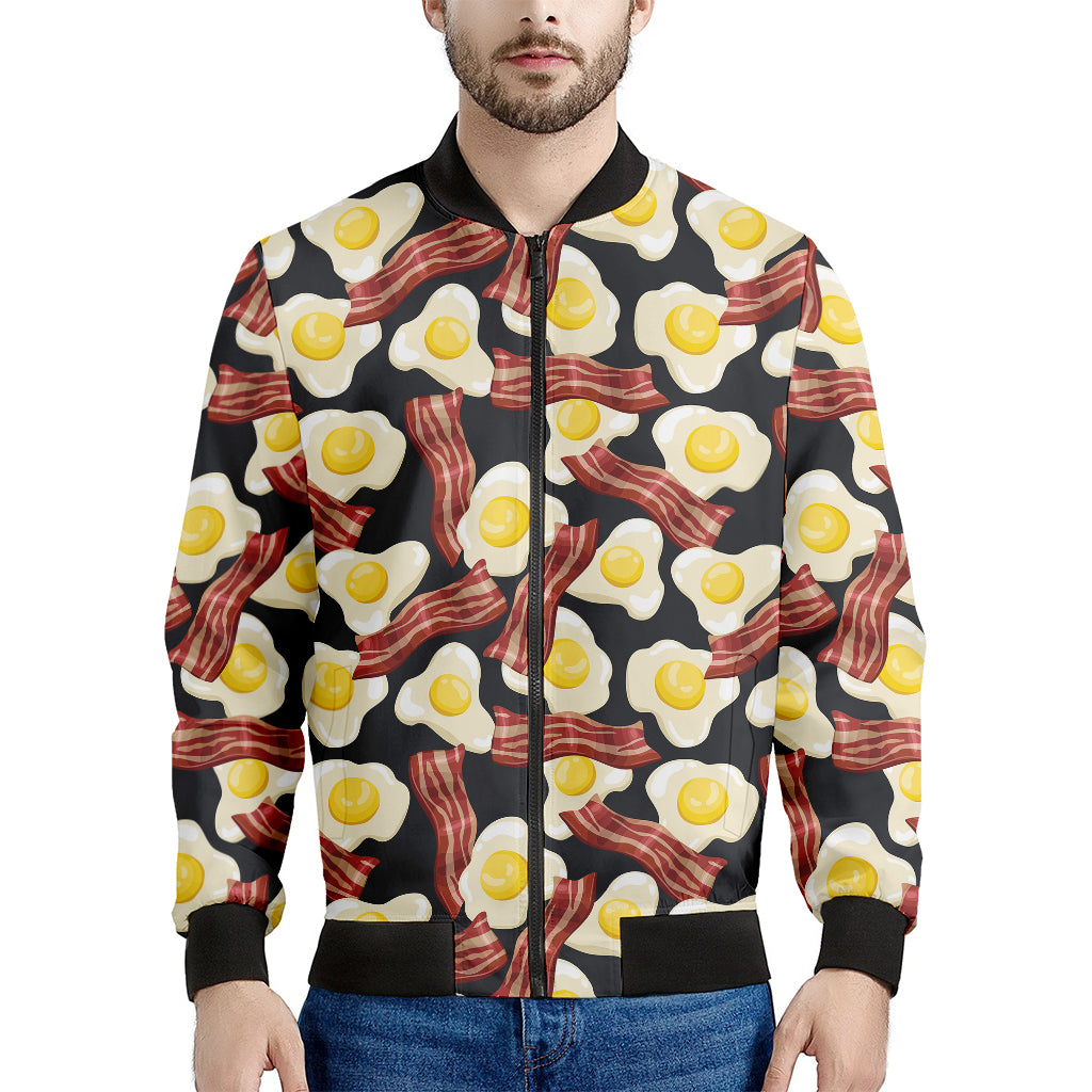 Black Fried Egg And Bacon Pattern Print Men's Bomber Jacket