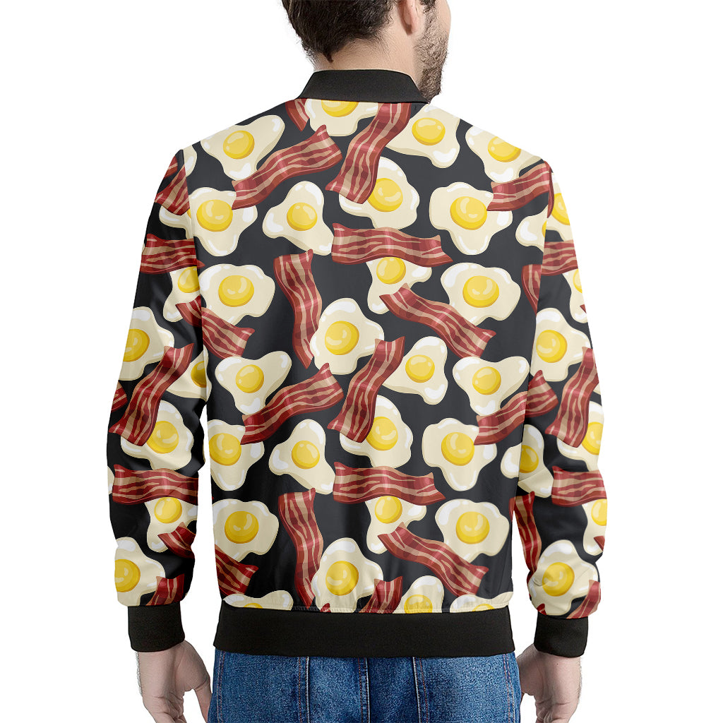 Black Fried Egg And Bacon Pattern Print Men's Bomber Jacket