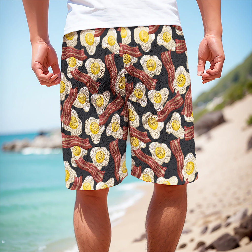 Black Fried Egg And Bacon Pattern Print Men's Cargo Shorts