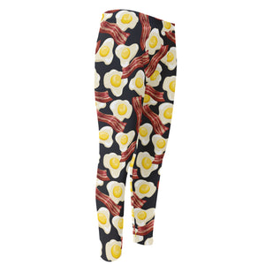 Black Fried Egg And Bacon Pattern Print Men's Compression Pants