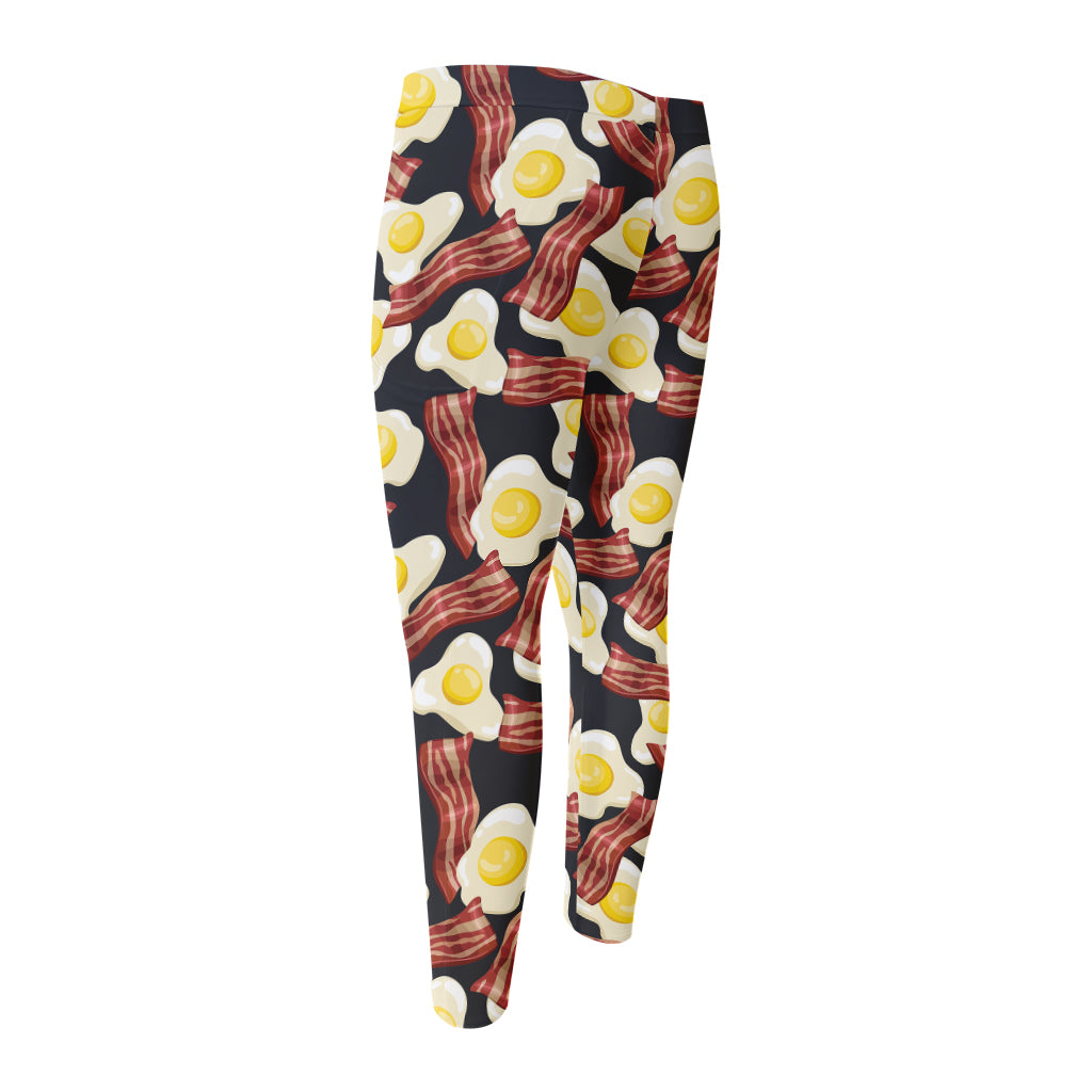 Black Fried Egg And Bacon Pattern Print Men's Compression Pants