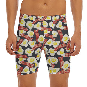 Black Fried Egg And Bacon Pattern Print Men's Long Boxer Briefs