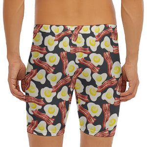 Black Fried Egg And Bacon Pattern Print Men's Long Boxer Briefs