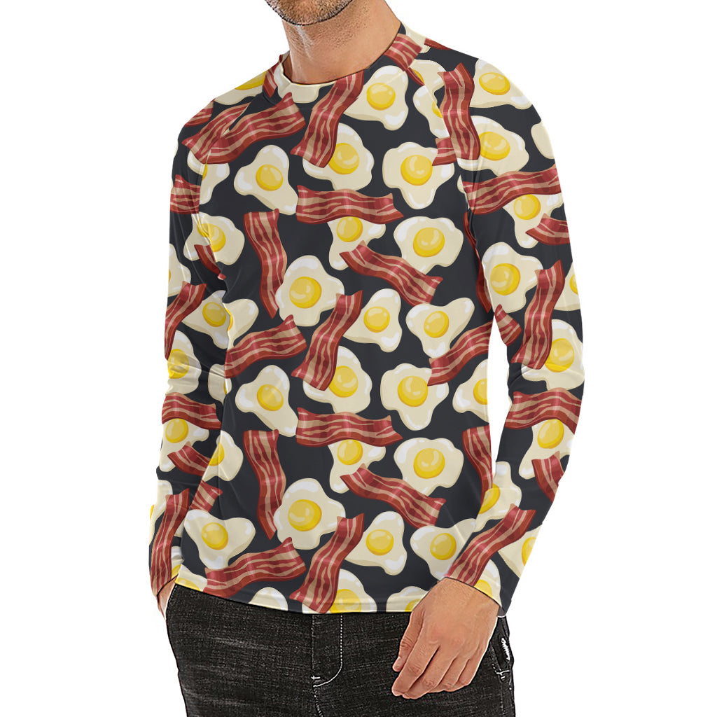 Black Fried Egg And Bacon Pattern Print Men's Long Sleeve Rash Guard