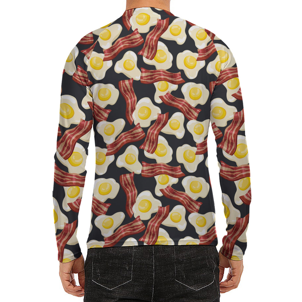 Black Fried Egg And Bacon Pattern Print Men's Long Sleeve Rash Guard