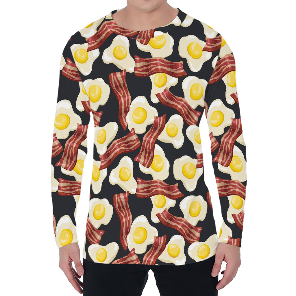 Black Fried Egg And Bacon Pattern Print Men's Long Sleeve T-Shirt