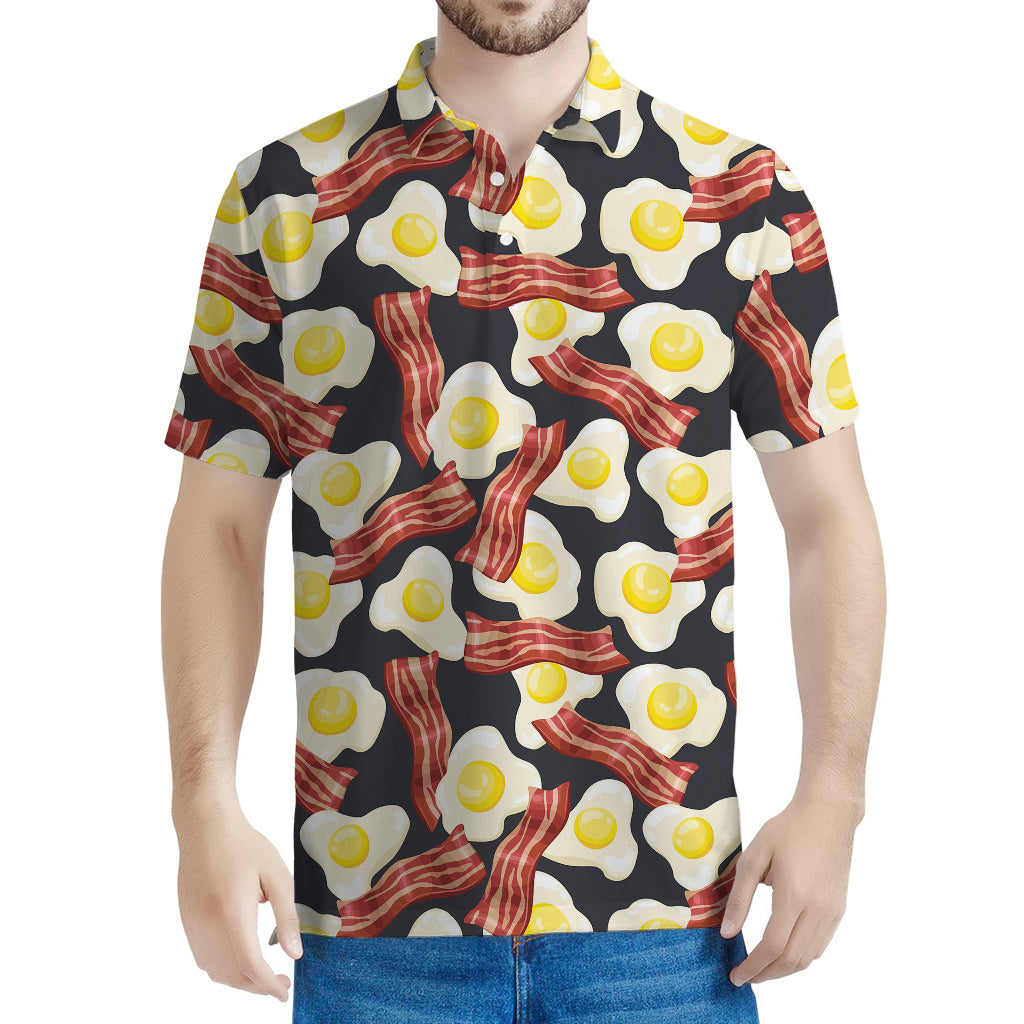 Black Fried Egg And Bacon Pattern Print Men's Polo Shirt