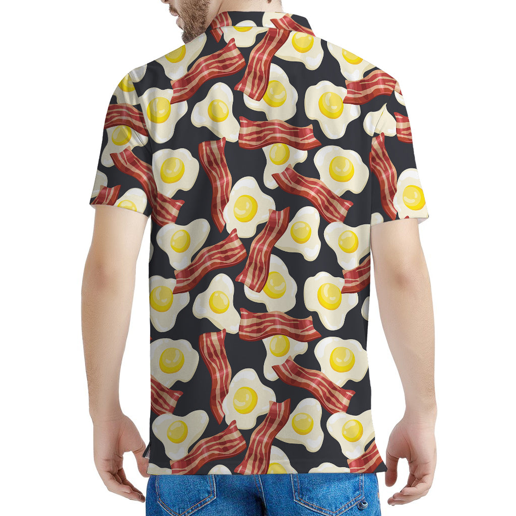 Black Fried Egg And Bacon Pattern Print Men's Polo Shirt